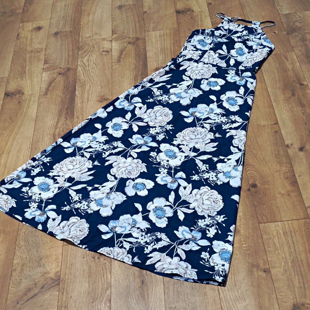 ANSELF Blue/White Floral Maxi Dress High Neck Strappy Sleeveless Size S